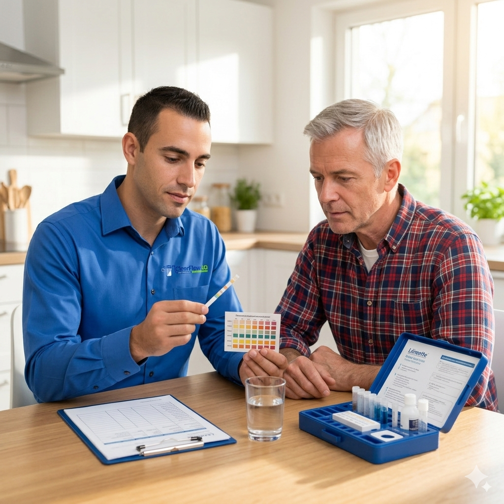 ClearFlow water technician showing water test strip results to homeowner during free in-home water test